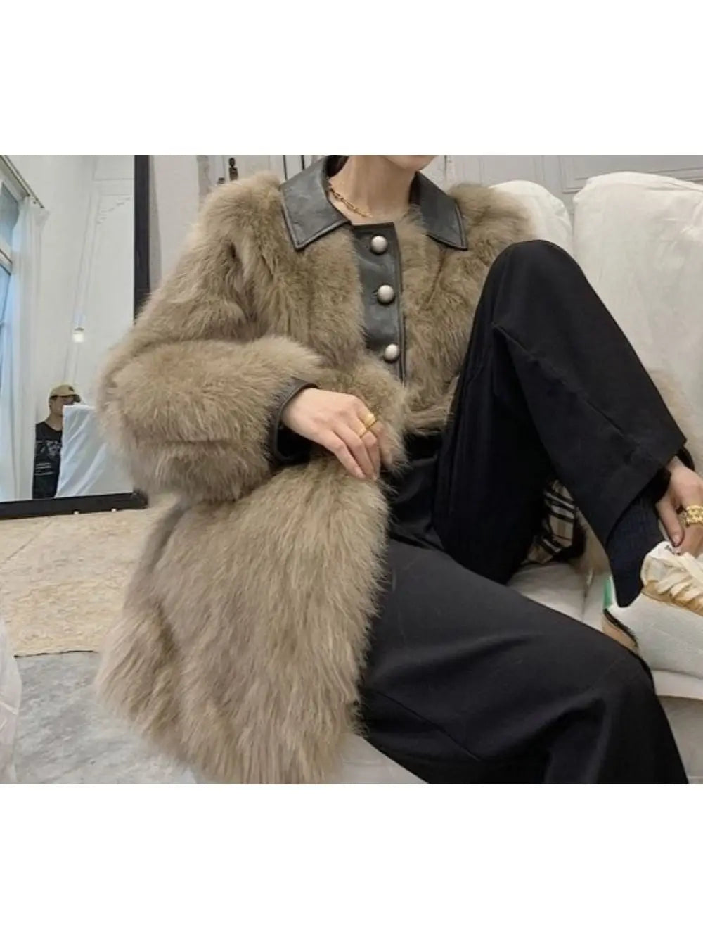 Fashionable Fuzzy Coat - Eco-friendly Fox Fur Coat for Women Young, Mid-length Style