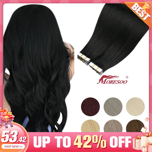 Moresoo Tape in Human Hair Extensions 26Inch 28 Inch Glue on Natural PU Remy Blonde Hair Black Pieces for Women Straight Hair