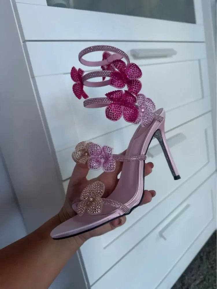 Aneikeh Sexy CRYSTAL Flower Narrow Band Ankle Strap Sandals Woman Thin High Heels Street Style  Pole Dancing Ladies Shoes