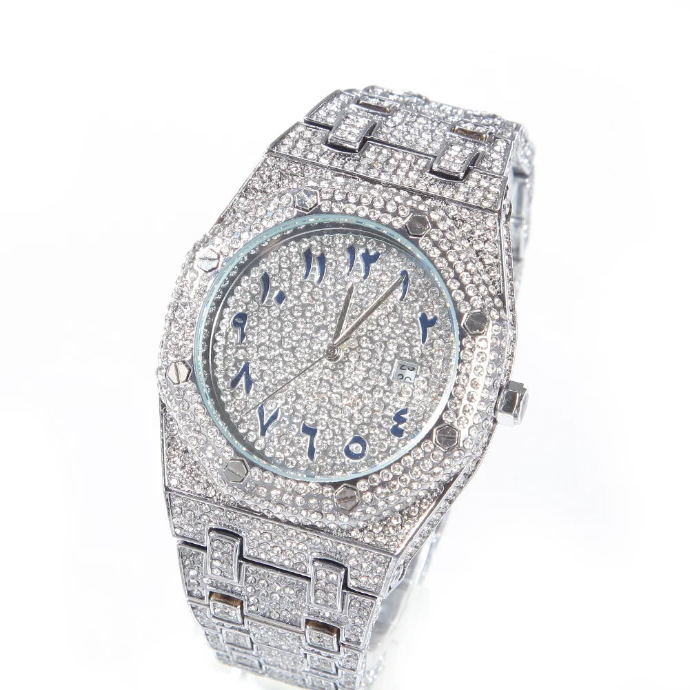 UWIN Hip Hop Stainless Steel Wristwatches for Men Full Iced Out Stones Fashion Luxury Zircon Quartz Square Watches for Gift