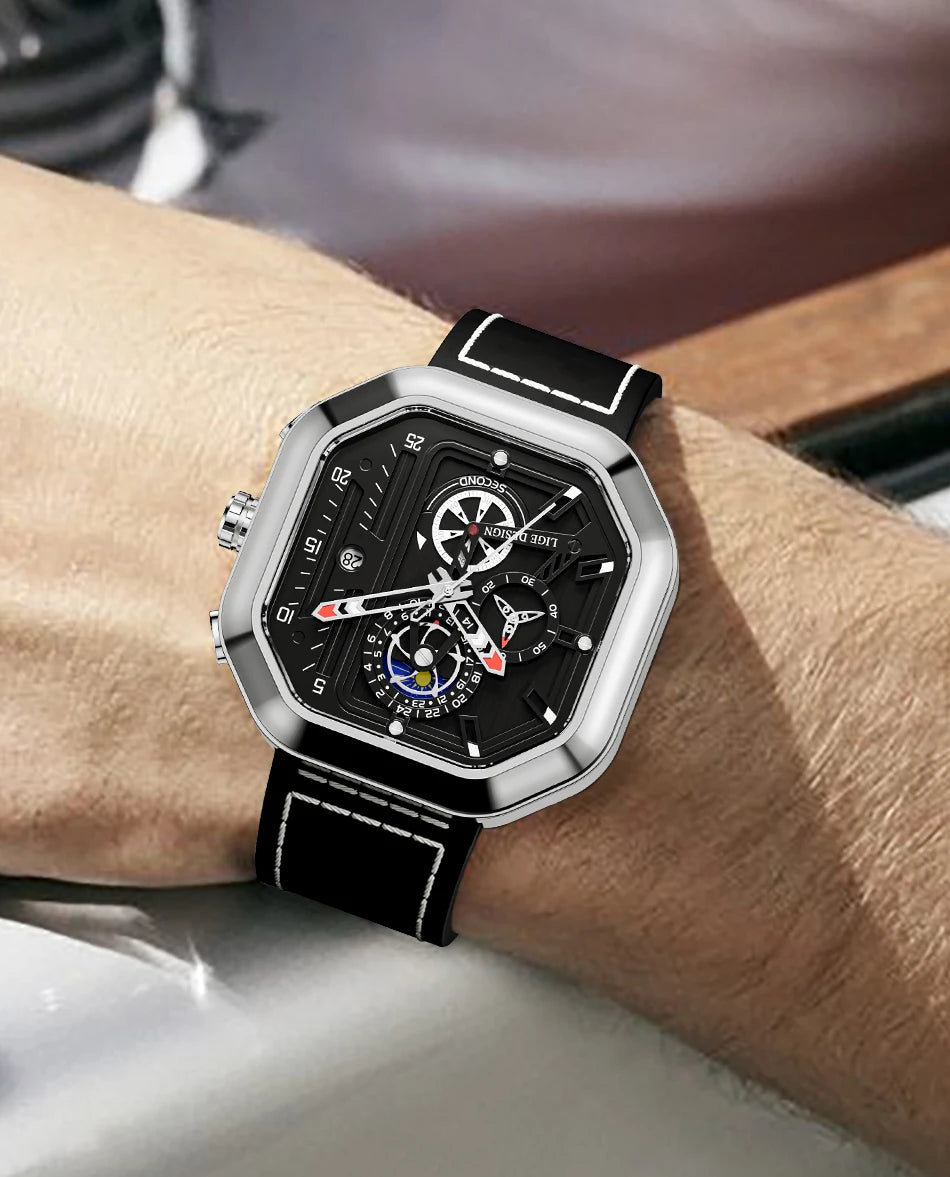 2025 LIGE Business Leather Watch For Men Top Brand Luxury Mens Watches Waterproof Quartz Wrsitwatch 24 Hours Moon Phase Clock