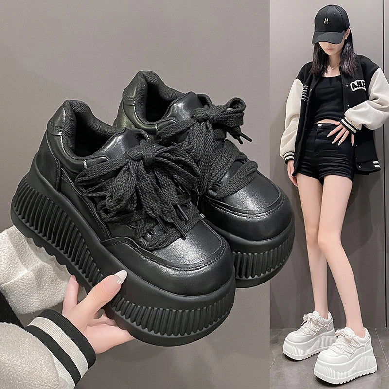 8.5CM New Synthetic Microfiber Leather Women Platform Wedge Ladies Chunky Sneakers 2024 High Brand Fashion Vulcanize Pumps Shoes