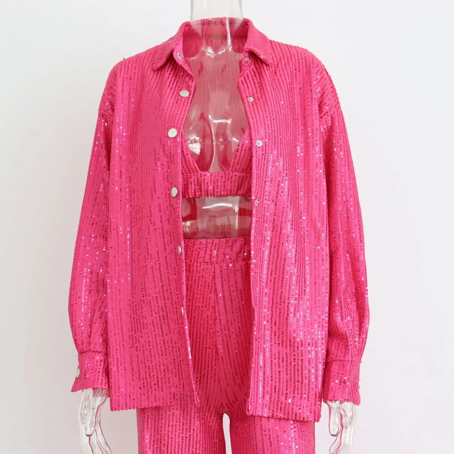 Women Fashion Tracksuits Shirt With Long Pants Three Pieces Sets Sequins Beading Clothing Outfits Women Blouses