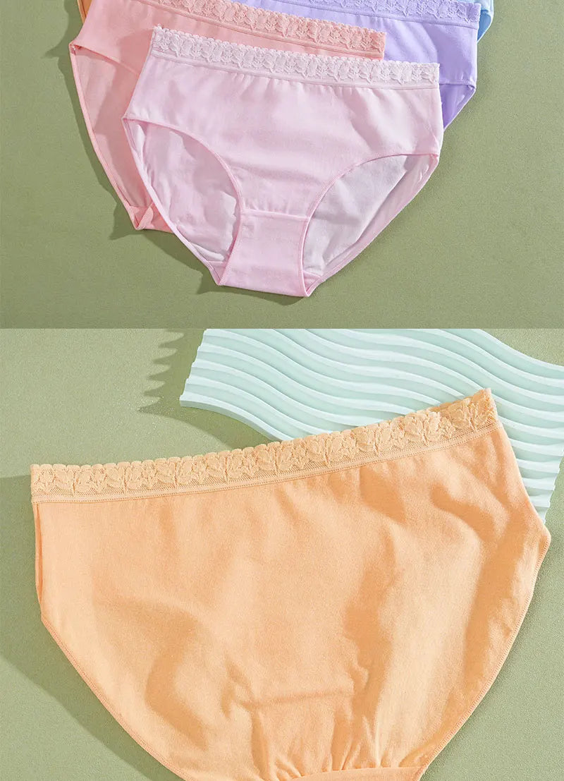 FINETOO 5PCS/Set Women Cotton Panties Sexy Low Waist Briefs Lace Cotton Female Comfortable Underwear Solid Color Soft Lingerie