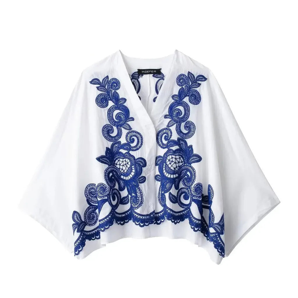 Women's 2-piece Set Of Blue Embroidered Single-breasted Loose Shirt + Chic High-waisted Loose Pleated Street Skirt Suit
