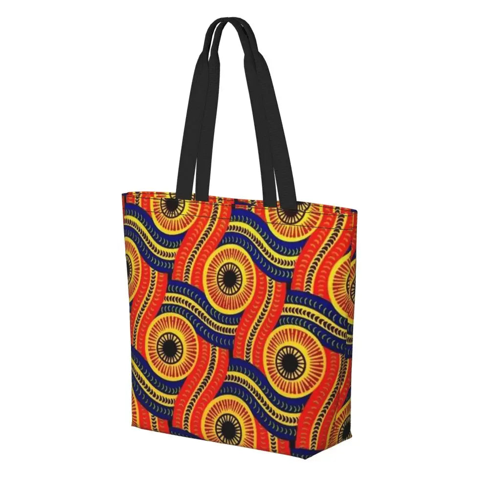 African Ankara Prints Grocery Shopping Tote Bags Women Geometric Ethnic Art Canvas Shoulder Shopper Bags Big Capacity Handbag