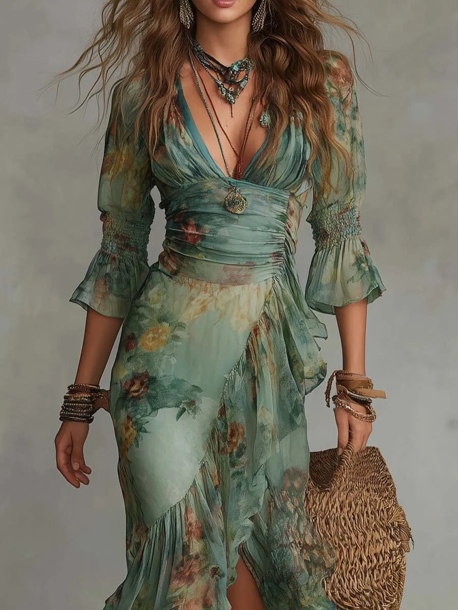 Sexy Elegant Dress For Spring Summer Retro Bohemian Print Holiday Style V-neck Lotus Leaf Sleeve Pleated Slit Irregular Dresses