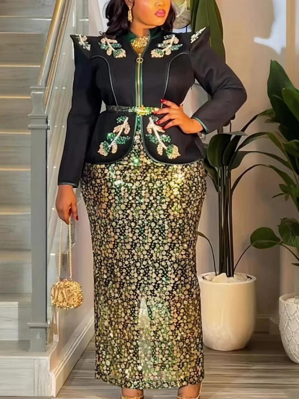 2026 African Dresses For Women Plus Size 2 PCS Set Clothing Tops And Skirt Suit Luxury Sequin Party Evening Gown Turkey Outfits