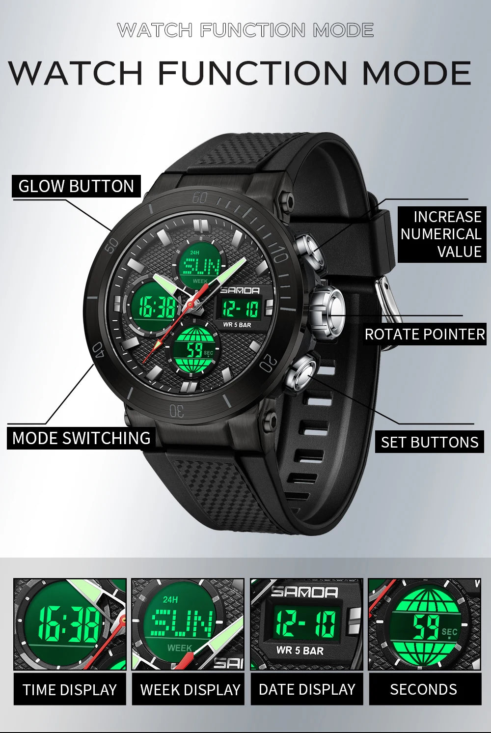 Fashion SANDA 2025 Top Brand 6191 Men New Countdown Stopwatch Waterproof Light Electronic Alarm Clock Time Led Digital Watches