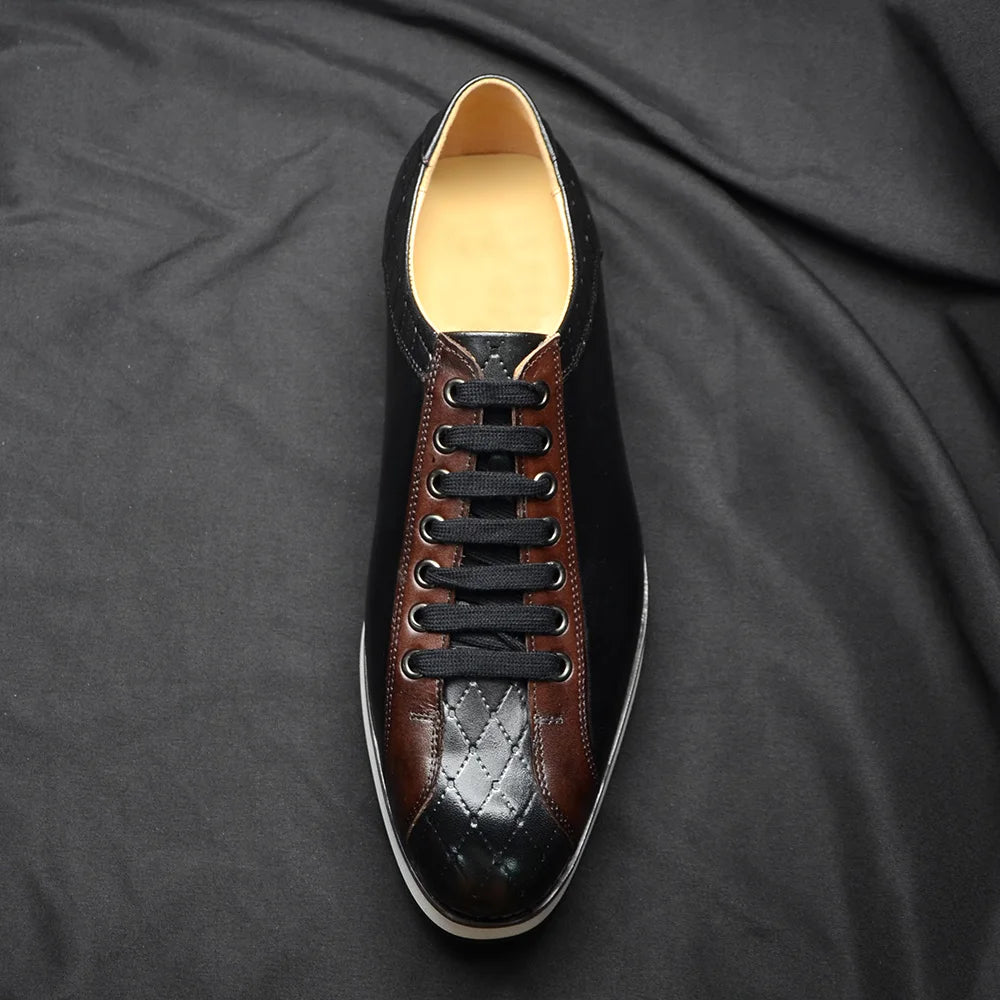 European Style Genuine Leather Men's Casual Shoes Luxury Plaid Business Social Black Flat Lace-Up Sneaker Shoes for Man
