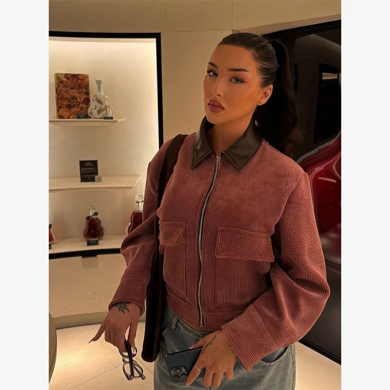 Women Pu Leather Collar Pink Cropped Jacket Corduroy Fashion Long Sleeve Zipper Coat 2026 New Lady Spring Chic Street Outwear