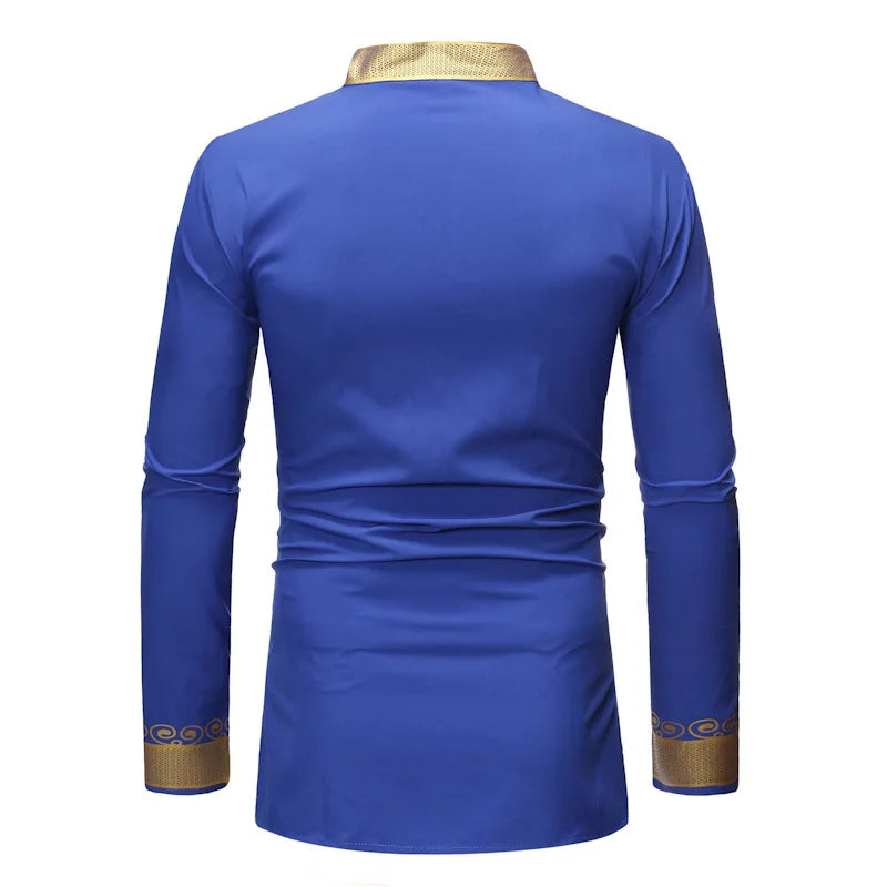 Men's Shirts Fashion Long Sleeve African Turkish Chieftain Print Robe Male Casual Blouses Traditional Ethnic Style Muslim Shirts