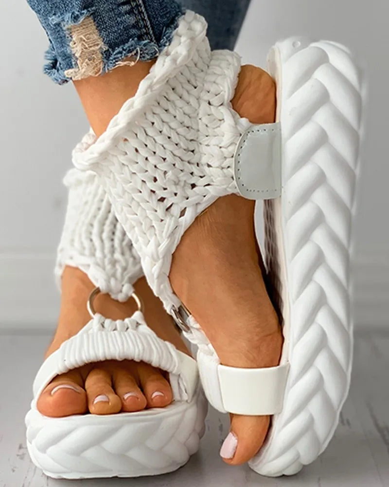Sandals Women's Braided Knit O-Ring Cutout Platform Summer Gladiator Sandals Shoes Thick Heels Ladies White Sandalias Casual