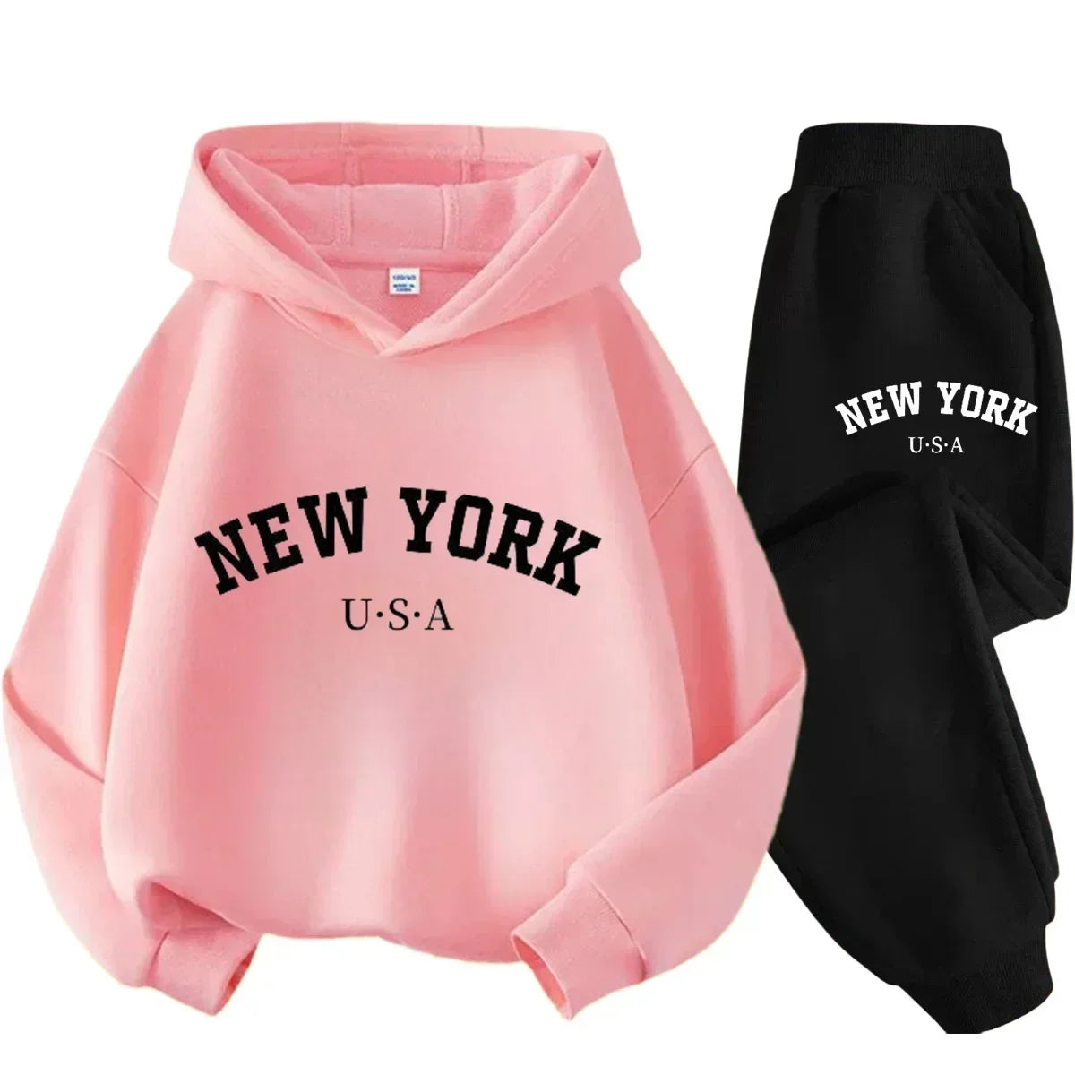 Children's Black Sports Outdoor Letter Print Hooded Sweatshirt 3-12 Years Old Boys and Girls Casual Set Sweatshirt + Pants
