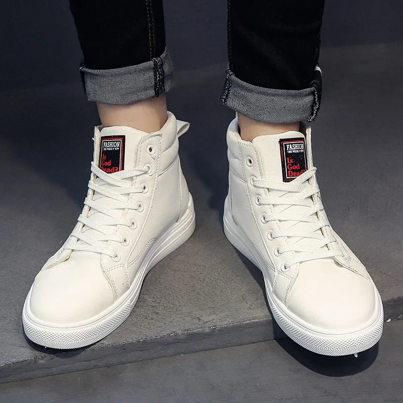 Fashion Leather Men Canvas Shoes Casual High-Top Shoes Autumn Men Non-Slip Tennis Sneakers Summer Flat Shoes Zapatillas