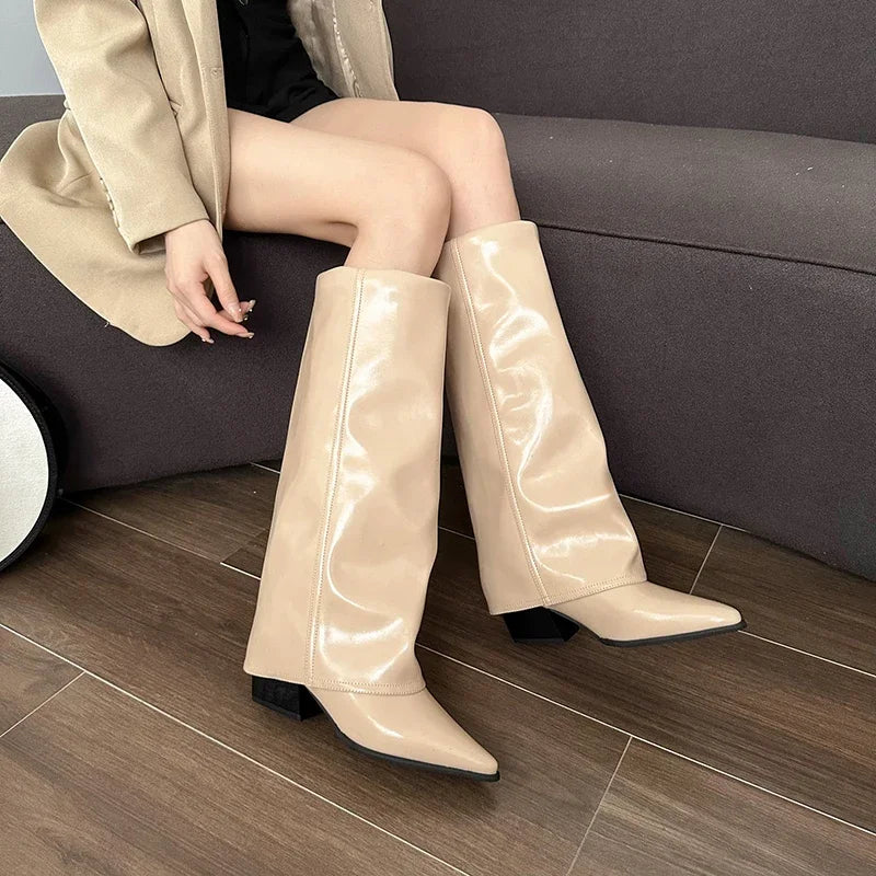 Women Chunky High Boots Pointed Toe Shoes Sexy Lady Dress Gladiator Autumn New 2024 Trend Retro Fad Woman Boots Goth Botas Mujer