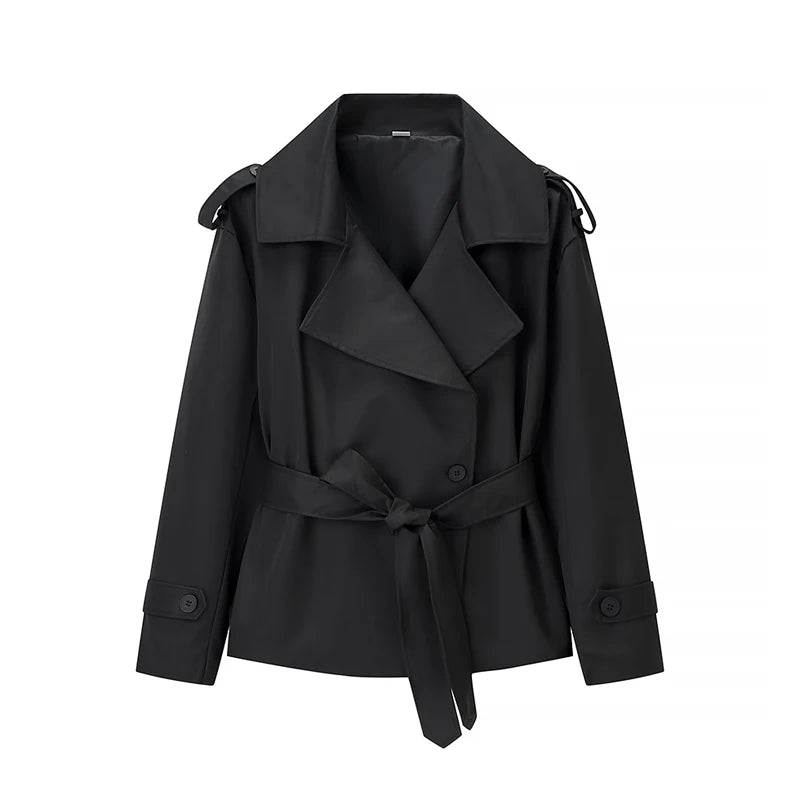 Lace Up Cropped Trench Coat Fashion Women Lapel Long Sleeves Wide Shoulder Windbreaker Jacket Lady 2026 Spring Commuting Outwear