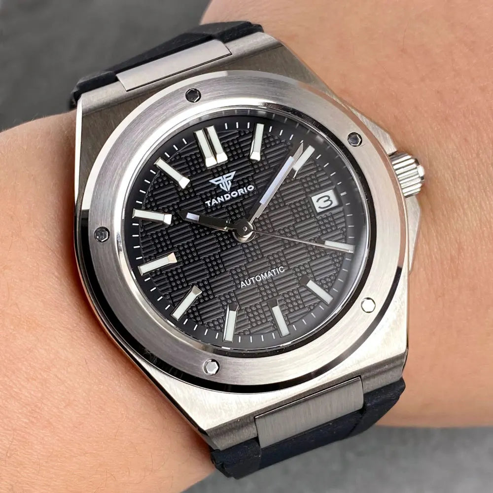 Tandorio NH35 Men Automatic Mechanical Watch Sapphire Crystal Glass 100m Waterproof Green Lume Black Square Block Dial Men Watch