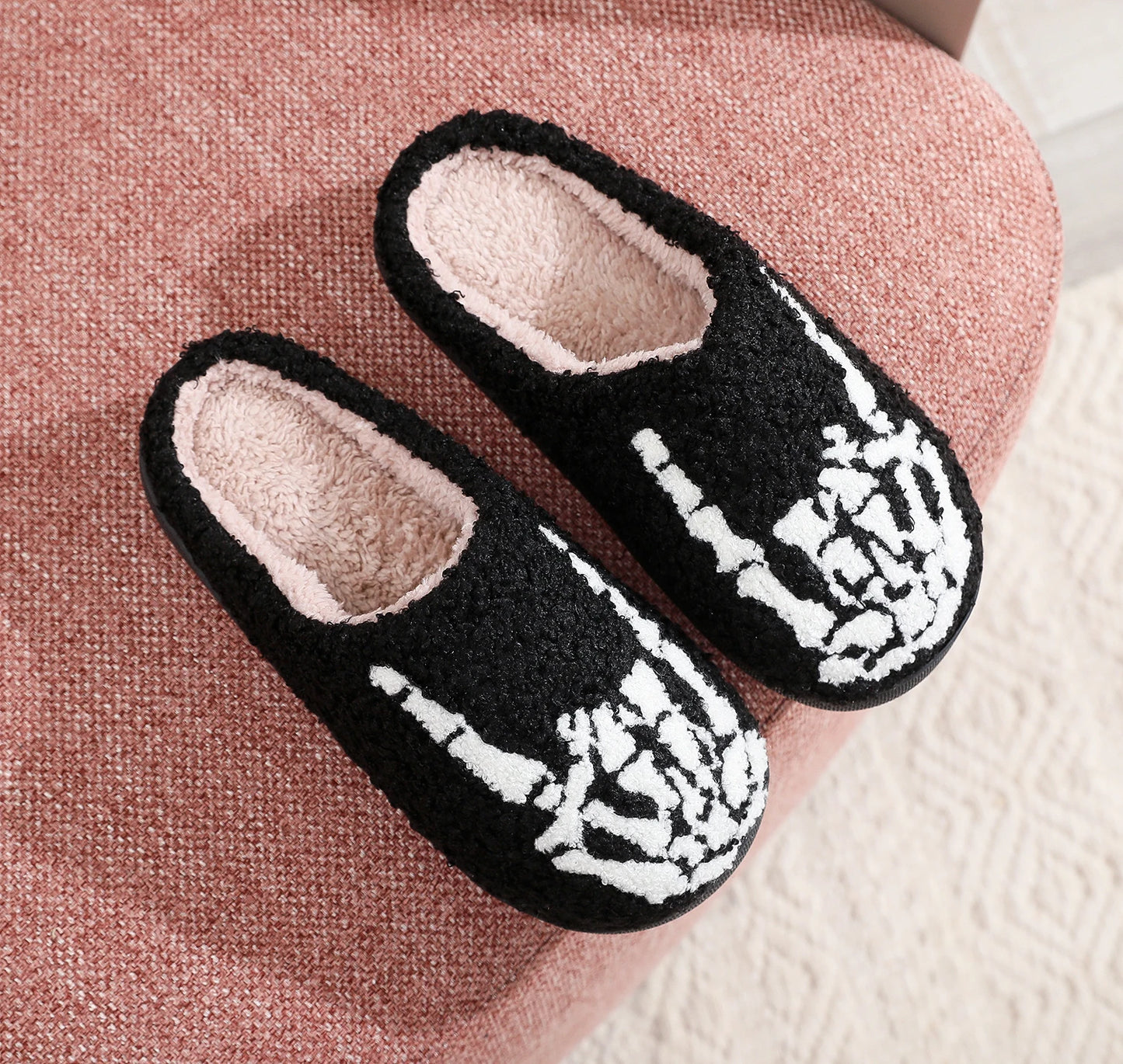 Skull Toe Pattern Personality Dark Style Embroidery stuffed Home Platform Cozy Fur Cotton Slippers Warm Non-slip Indoor Slippers Men Women Halloween Gift