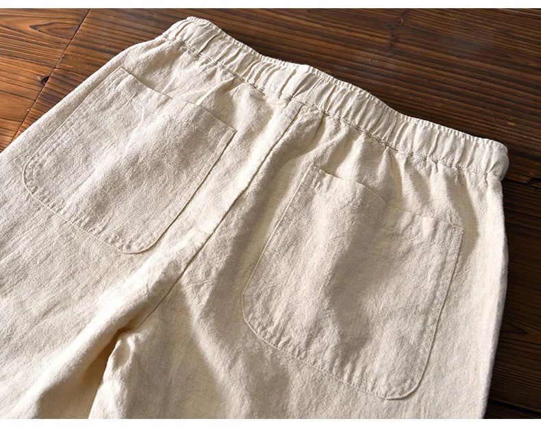 70% Linen,30% Cotton Men's Drawstring Elastic Waist Casual Pants, Straight Loose Ramie Trousers, Camping Fishing Comfortable