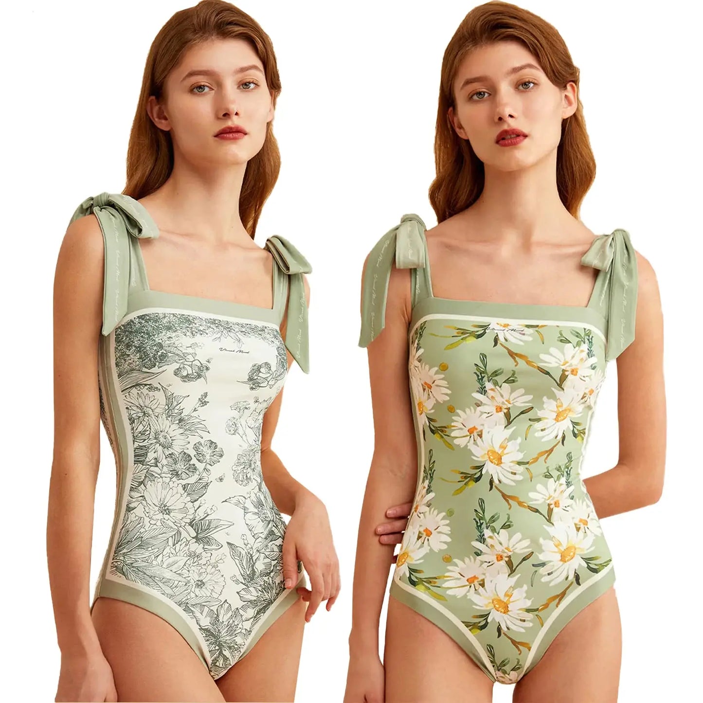 Y2K Floral One Piece Swimsuit Reversible Tie Shoulder Monokini Tummy Control