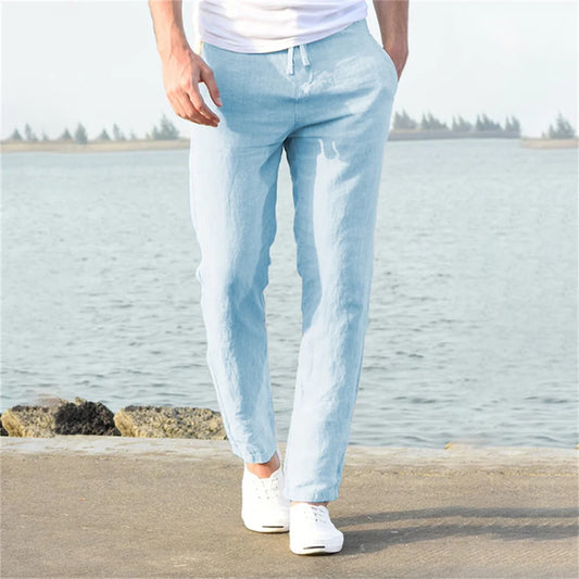 Men's Cotton Linen Casual Pants Baggy Streetwear Men Joggers Sports Trousers Solid Color Long Straight Trendy Pants for Men