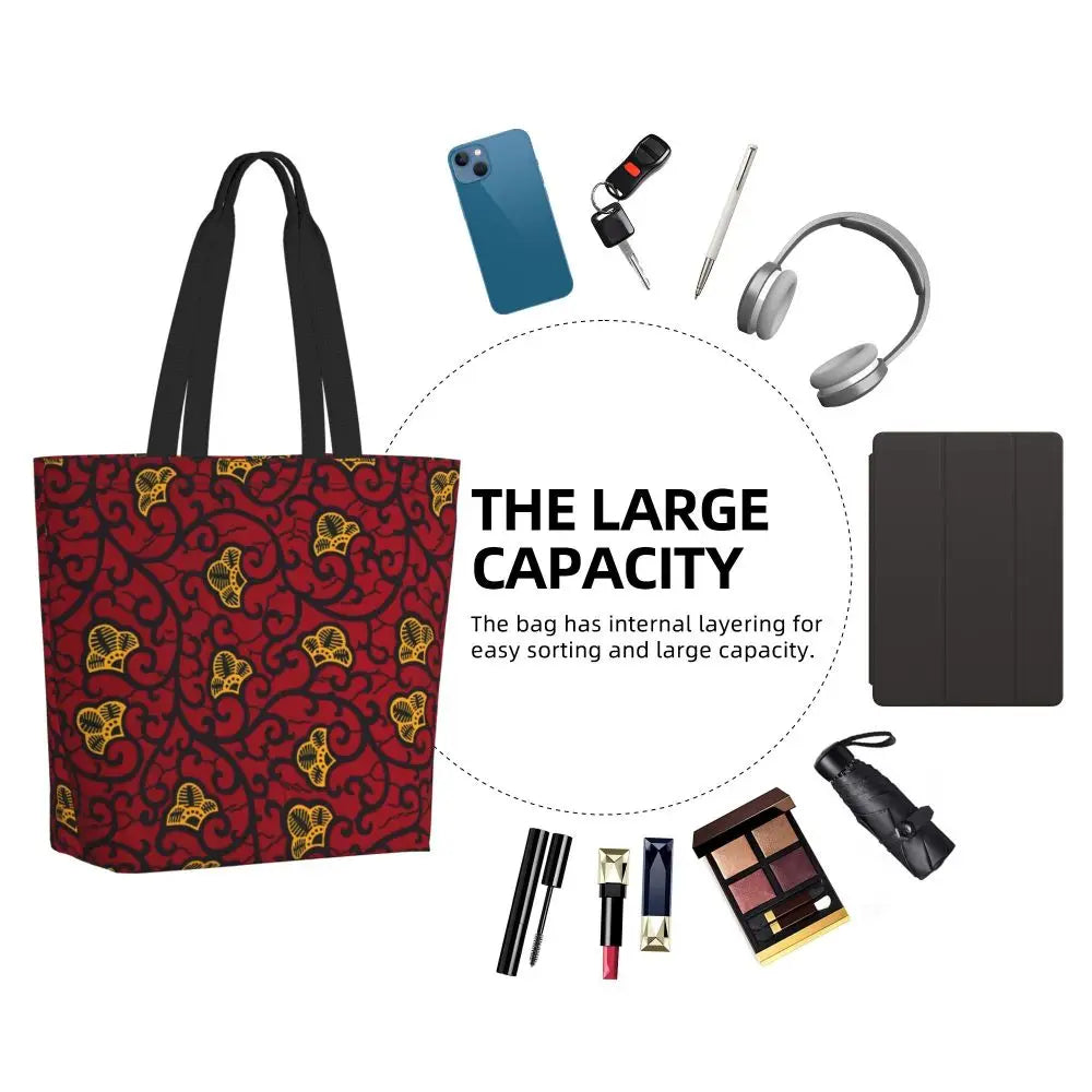 African Ankara Prints Grocery Shopping Tote Bags Women Geometric Ethnic Art Canvas Shoulder Shopper Bags Big Capacity Handbag