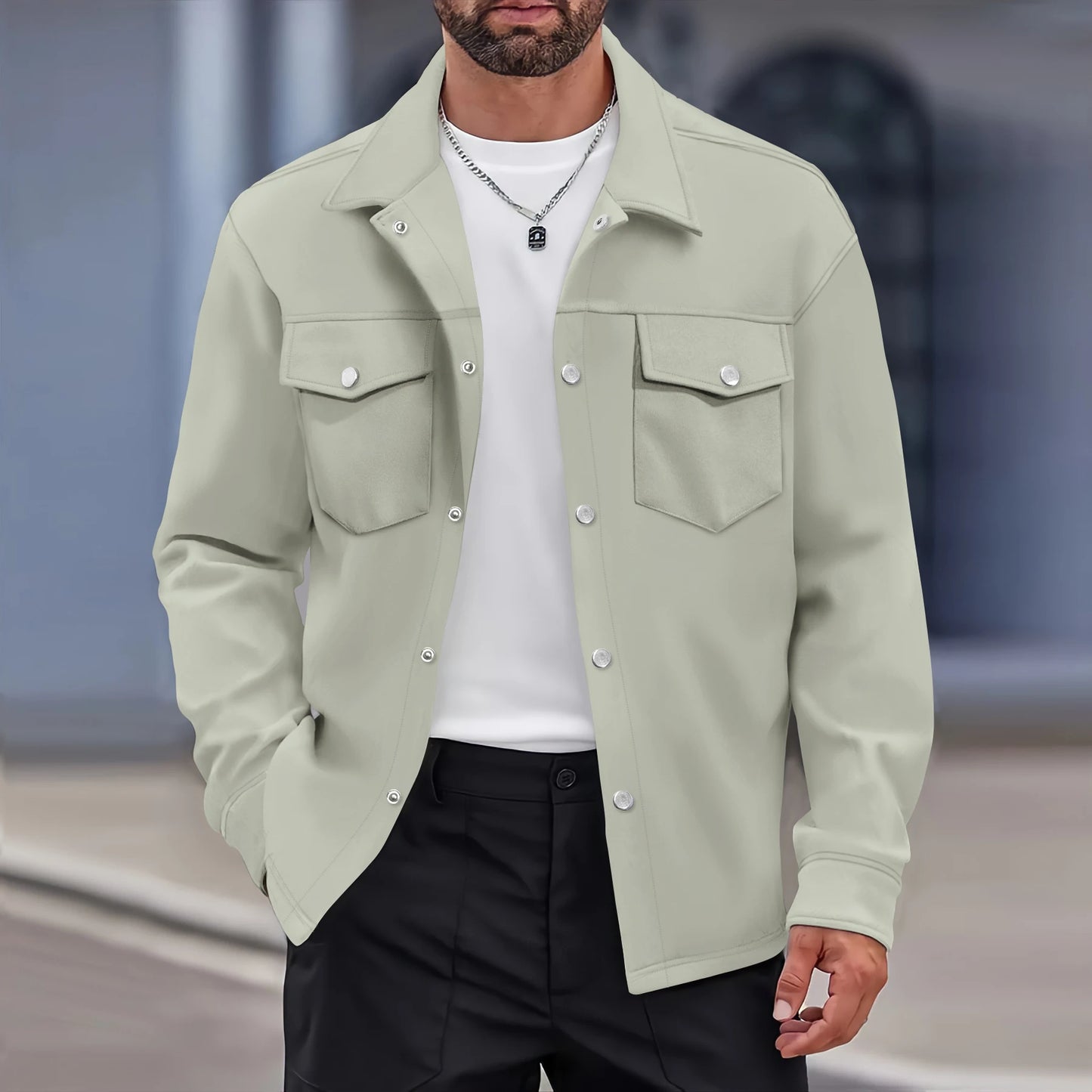 Men's Casual Turn Down Collar Button Up Jacket with Flap Pockets Lightweight Shacket