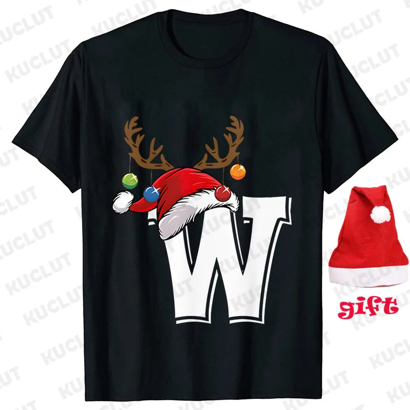 Funny Christmas Party Tshirt Fashion Women T Shirt Tops Short Sleeves T-shirt 26 A~Z Alphabet Casual Tees with Santa Hat Gift