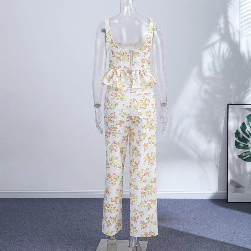 Floral Printed Women Long Pants Set Elegant Sleeveless Backless Vest Wide Leg Trousers Chic Holiday Vacation Lady Summer Outfits BAZAARHUBO