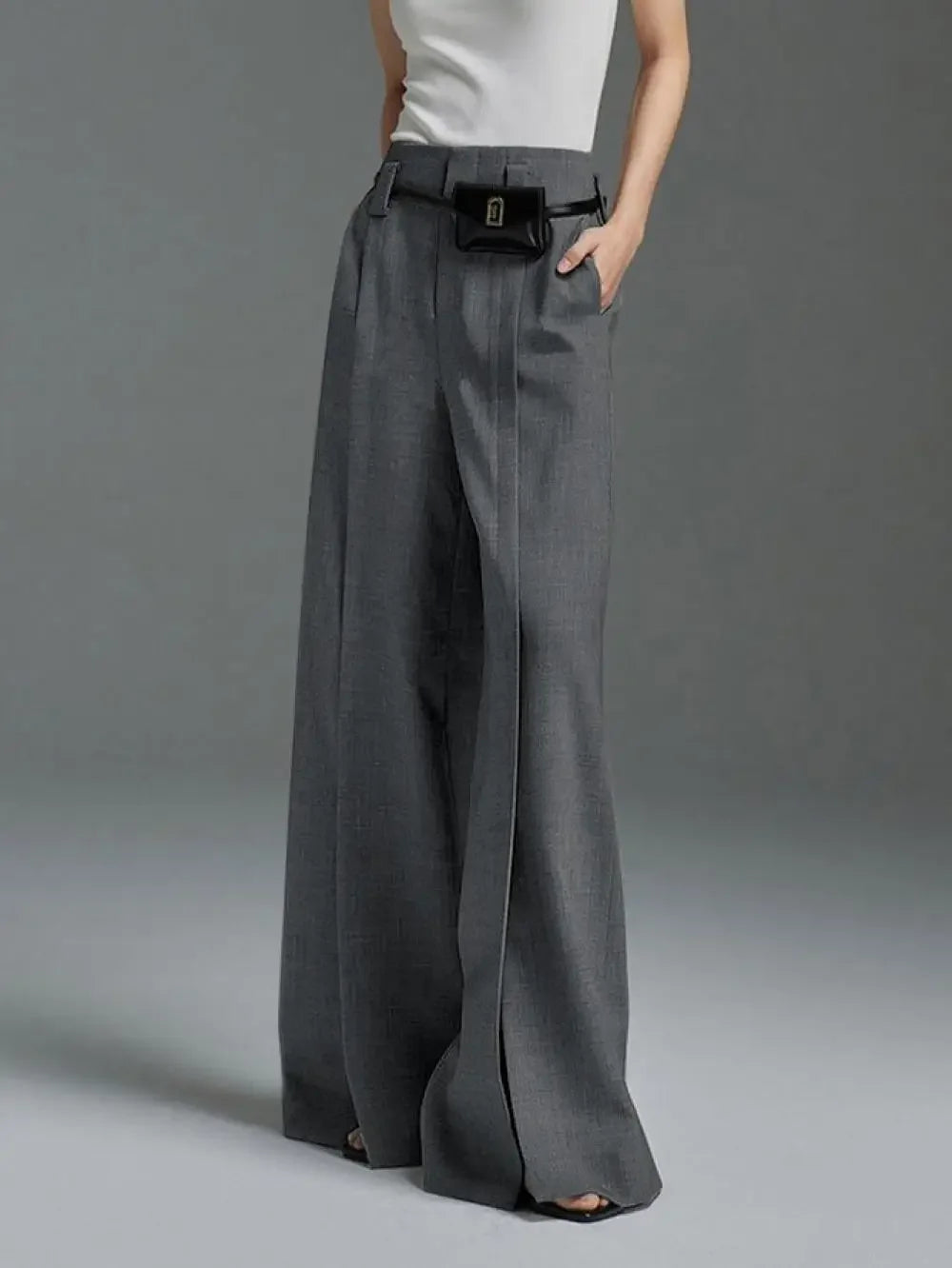 Yeezzi Women Business Suit Pants High Waist Pleated Split Front Trousers Black
