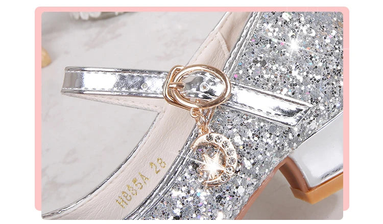 Classic Children High Heels Leather Shoes Fashion Sequins Elegant Kids Girls Wedding Shoes Princess Party Dress Single Shoes