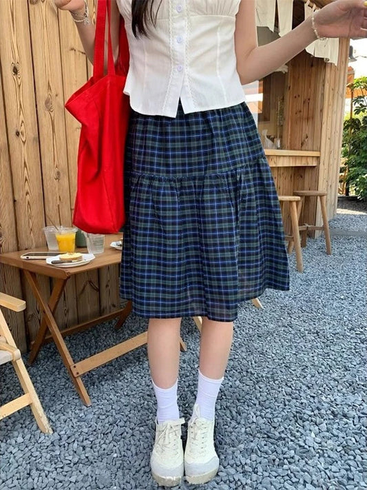 Sweet Vintage Plaid Striped Print Skirt Women High Waist Pleated Korean Style Skirt Korean Fashion Cute Skirt Woman
