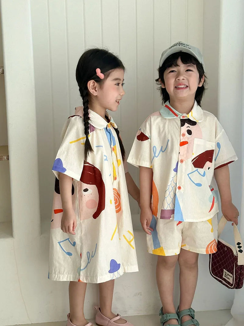 Loose Fit Summer Kids Clothes Set Girls Cute Graffiti Dress Boys Short Sleeved Shirt Children Thin Brother Sisters Outwear Suit