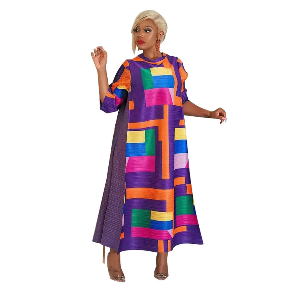 African Dresses for Women Summer Fashion Style African 3/4 Sleeve Polyester O-neck Pleated Dress Dashiki African Clothes Women