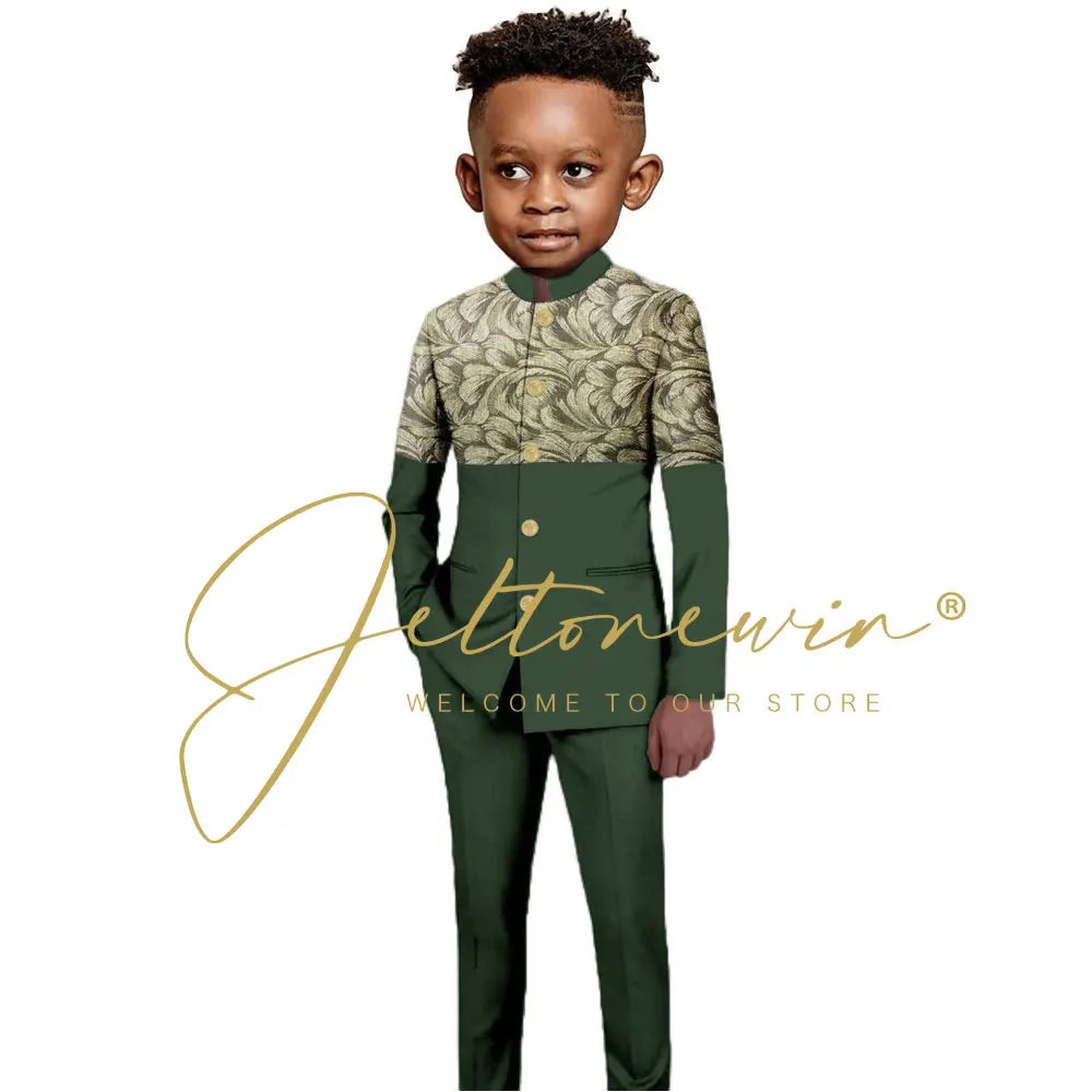 African Style Boys Suit Burgundy Gold Floral Jacket Pants 2 Piece Set Stand Collar Blazer Wedding Tuxedo Kids Formal Party Dress