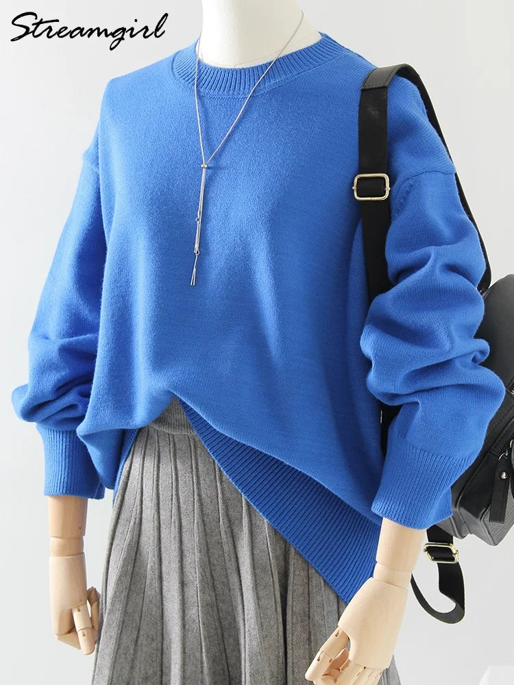 Oversize Burgundy Womens O Neck Knitwear Sweater Warm Winter Pullover