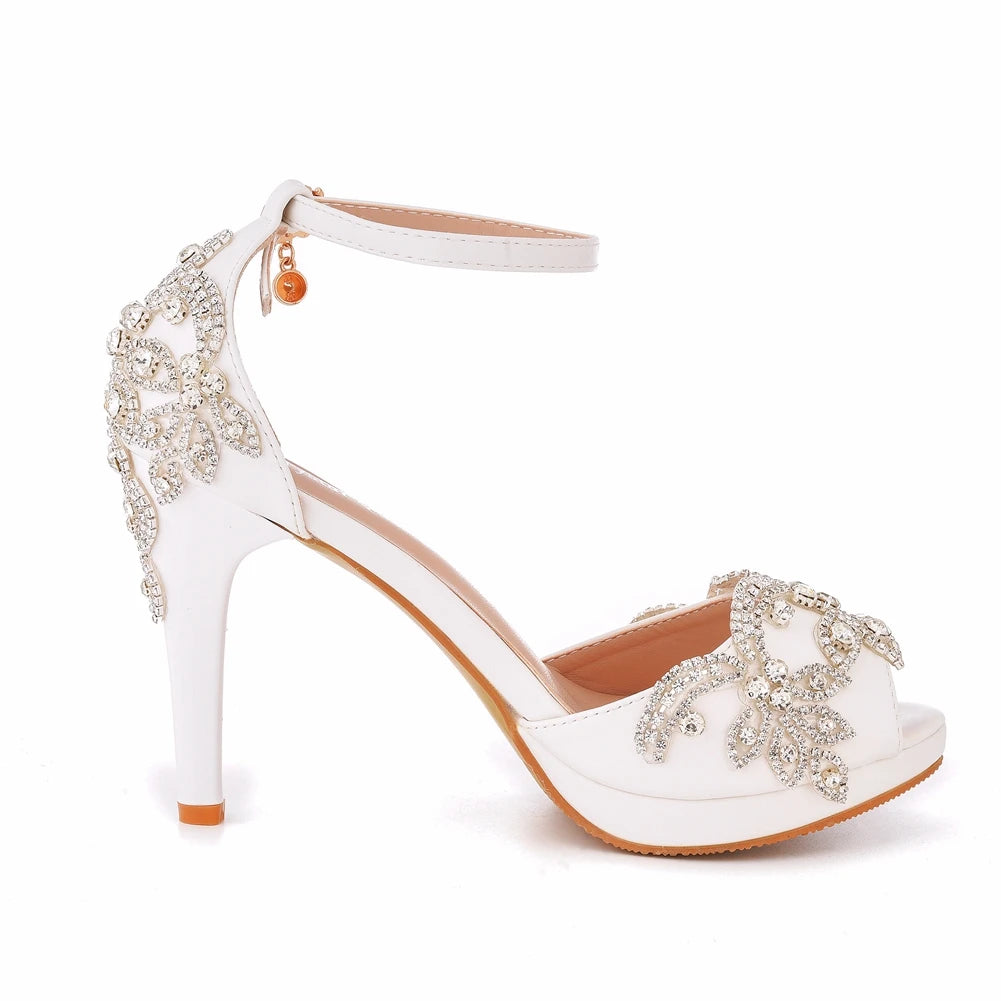 Women Wedding Shoes Bride Sandals White Rhinestones Silver Platform Dress Thin High Heels Ladies Pumps
