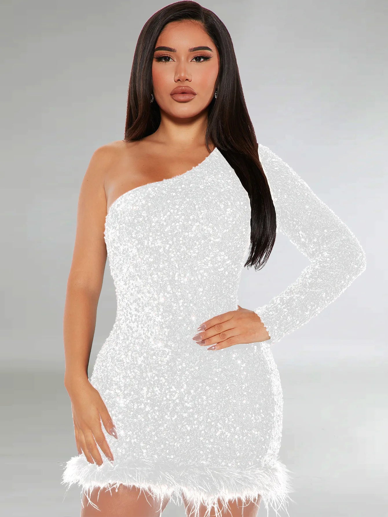 Sexy and Elegant Women's Party Dress Long Sleeved Diagonal Shoulder Off Shoulder Sparkling Edge Sequin Tight Women's Prom Dress