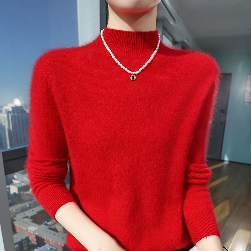 2024 Autumn And Winter New Women's Semi High Neck New Fashion Mink Sweater Long Sleeved Loose Sweater Slimming Knit Sweater Base
