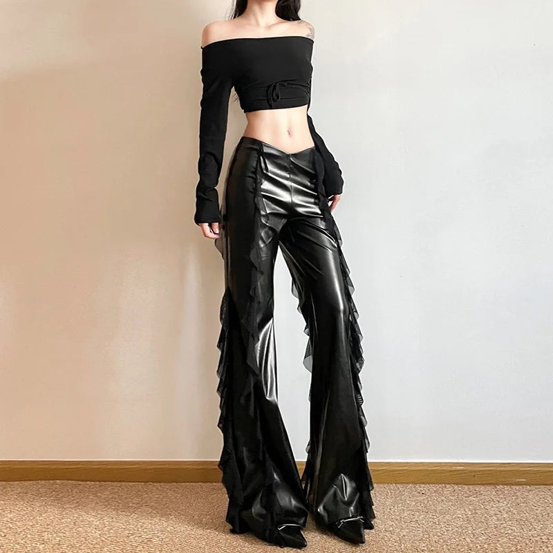 Punk Style PU Leather Pants Gothic Black Lace-paneled Trouser Sexy High-waisted Slim Flared Pants 2026 Summer Women's Clothing