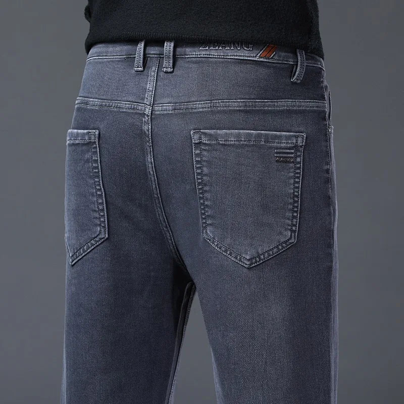 Gray Jeans Men's Fashion Spring Autumn Casual Elastic Trousers Classic Straight Business Work Vintage Washed Denim Pants