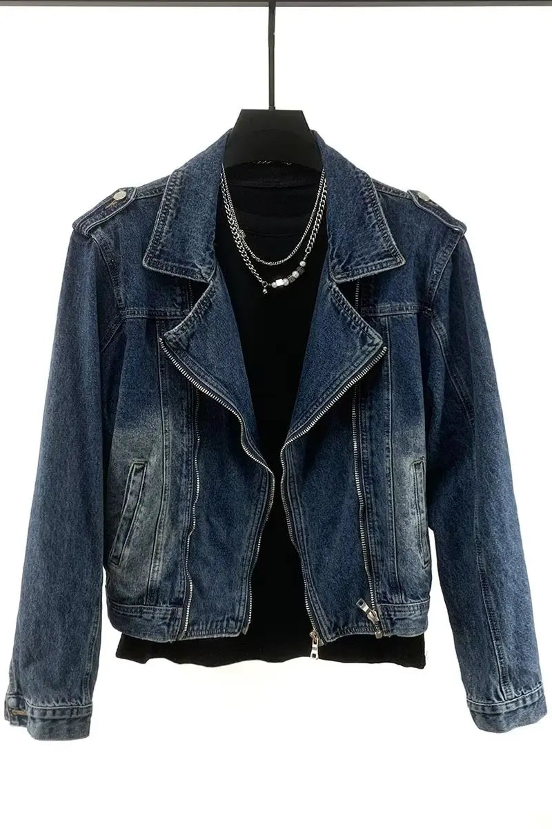 American Style Retro Jacket Men's New Design Zipper Denim Jacket Blue Washed Stand Collar 2024 Spring men padded Y2K Outwear