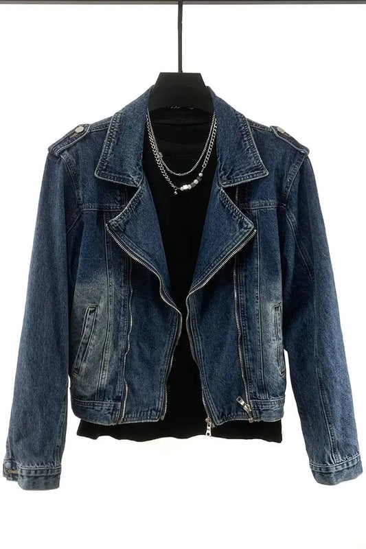 American Style Retro Jacket Men's New Design Zipper Denim Jacket Blue Washed Stand Collar 2024 Spring men padded Y2K Outwear