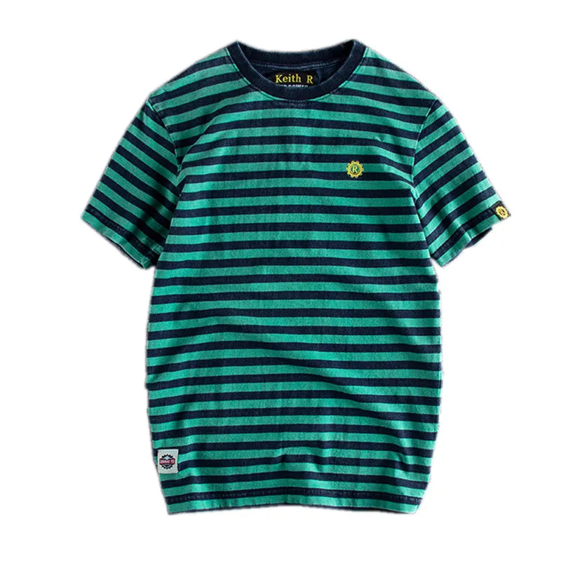 Striped T-shirt Men's Short Sleeve New Pure Cotton Slim Trend Simple Joker Round Neck Old Washed Short Sleeve T-shirt