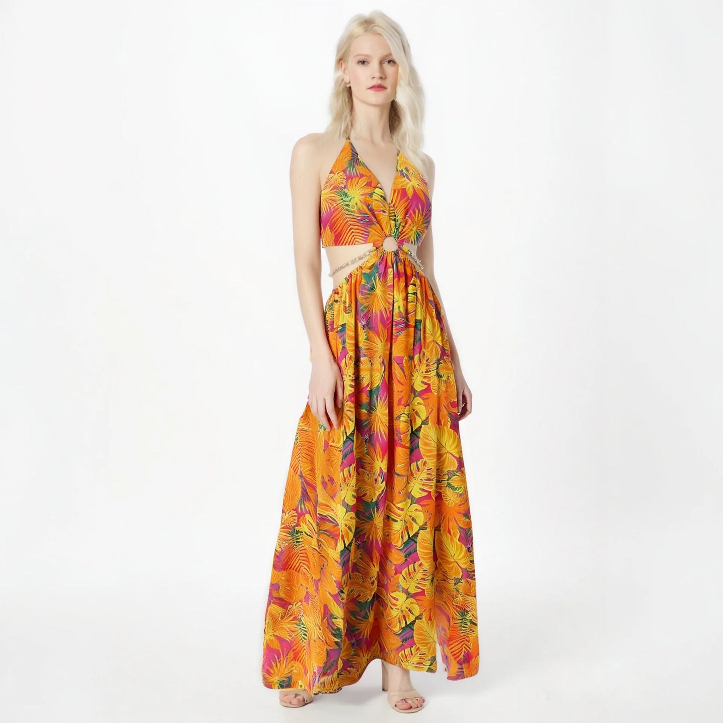 CM.YAYA Elegant Women Floral Halter V-neck Backless Cut Out Waist Chain Sleeveless High Side Split Fit Flare Maxi Long Dresses