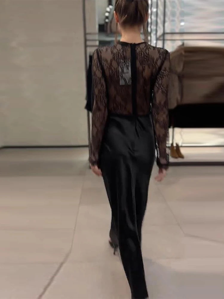 Lace Patchwork Long Evening Dress With Sheer Sleeves For Women Clubwear