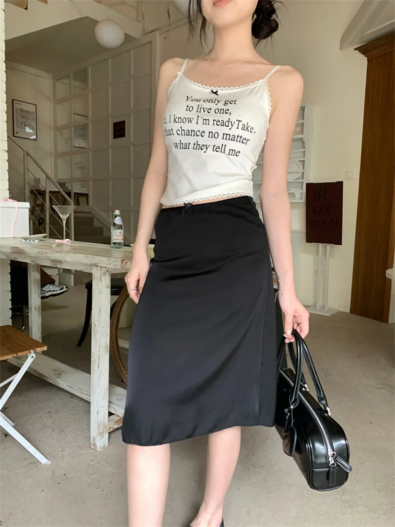 Solid Mermaid Skirts Women American Style Retro Bow Temperament Fashion High Street Slimming Casual All-match Daily Summer Cozy