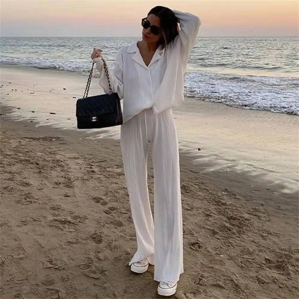 New Two Piece Set Women Outfits Pleated Women's Elegant  Drape Loose Sets Shirt High Waist Trousers Female Suit Fashion Casual