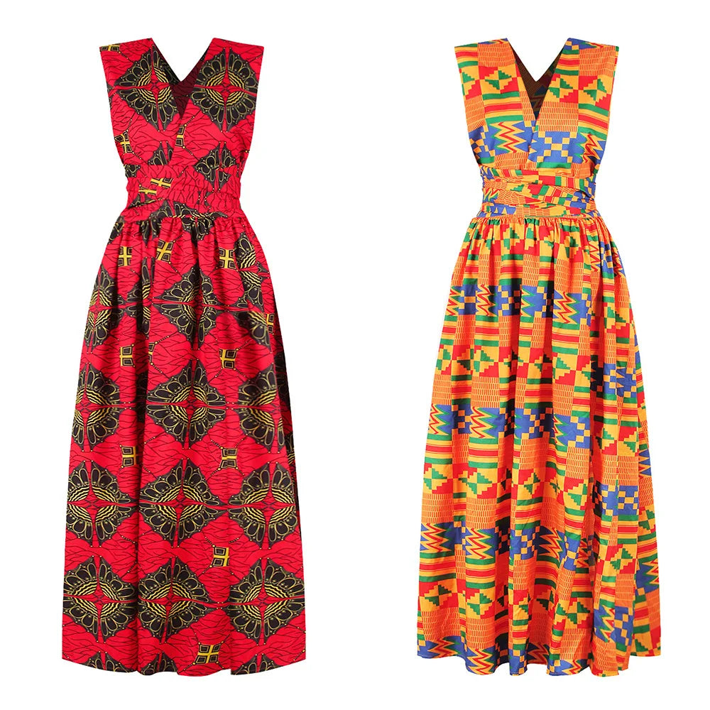 African National Sexy Sleeveless Women Dress Fashion Off Back Print Lady Party Dresses Vintage Casual Long Dress Africa Clothing